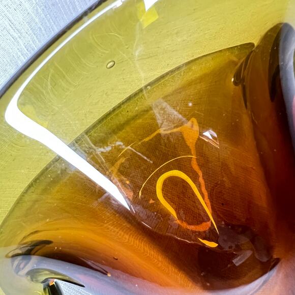 Mid Century Murano Style Yellow Ochre Art Glass Clam Shell Bowl Tilted Vase - Picture 8 of 12